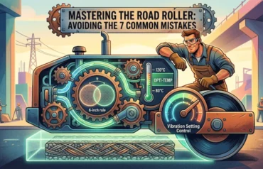 Infographic showing 7 road roller mistakes including vibration settings, 6-inch overlap rule, and asphalt temperature gauges.