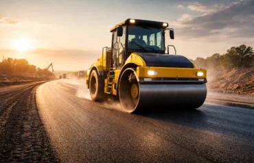 heavy road roller compacting asphalt
