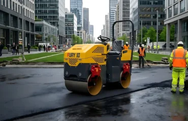TYPHON Fury 10 Mini Road Roller with 13.5hp Briggs and Stratton engine working on a modern urban pedestrian path.